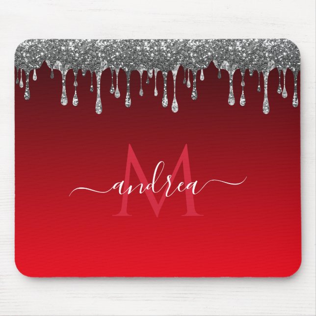 Silver Glitter Glam Red Gradient Monogram & Name Mouse Pad (Front)