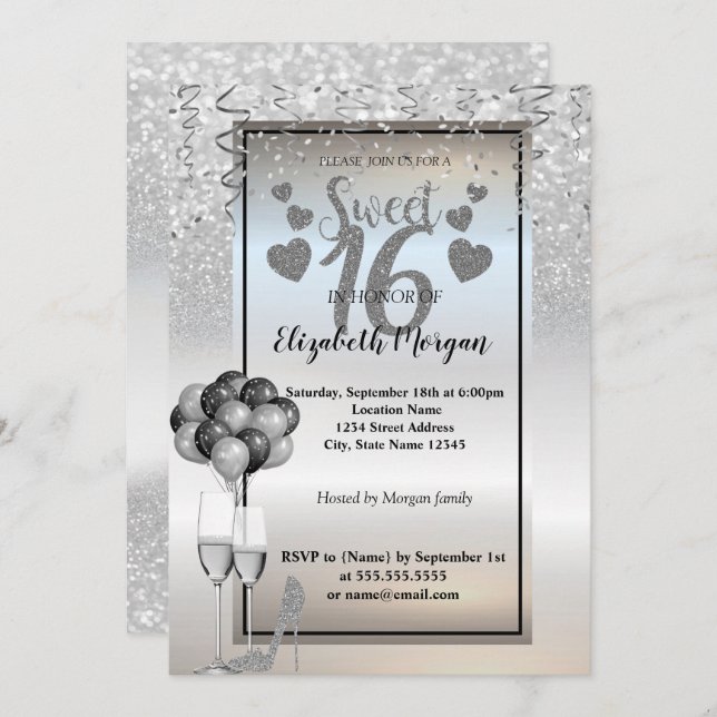 Silver  Glitter ,Glass,Ballons Sweet 16 Party Invitation (Front/Back)