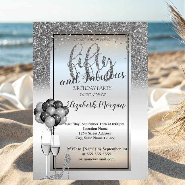 Silver Glitter Glass,Balloons 50th Birthday Party Invitation (Creator Uploaded)