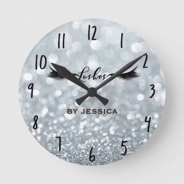 Silver Glitter Glittery Lashes Salon Personalised Round Clock (Front)
