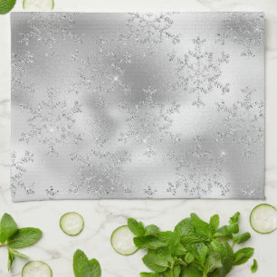 Silver Glitter Glitzy Snowflakes Christmas Tea Towel