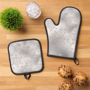 Silver Glitter Glitzy Snowflakes Oven Mitt & Pot Holder Set
