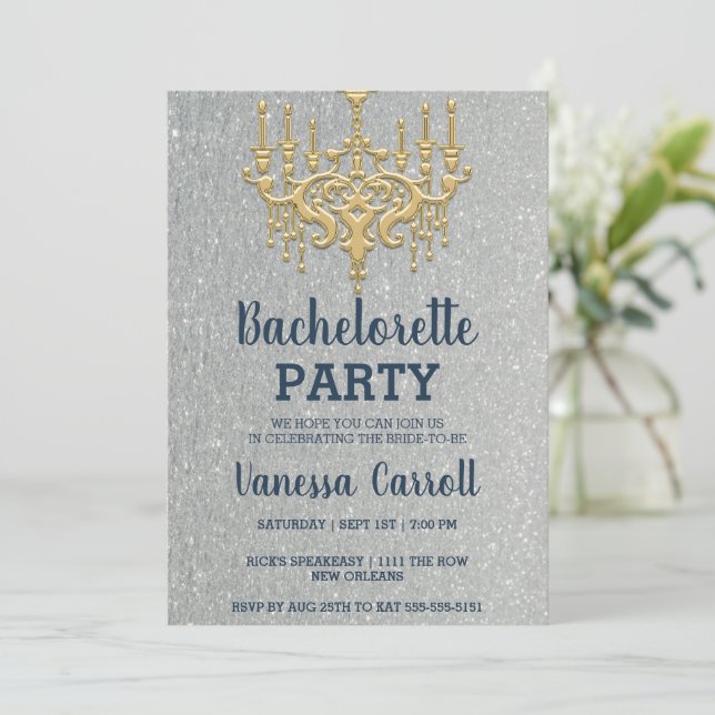 Silver Glitter Gold Chandelier Party Invitation (Standing Front)