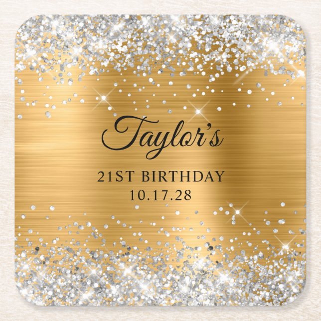 Silver Glitter Gold Foil 21st Birthday Square Paper Coaster (Front)