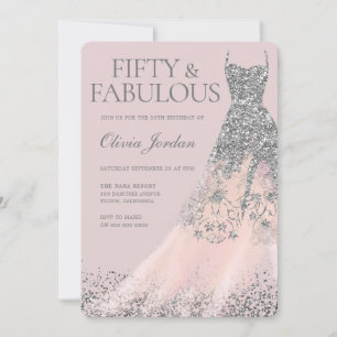 Silver Glitter Gown & Blush 50th Birthday Party Invitation