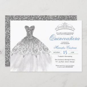 Silver Glitter Gown Elegant Quinceañera Invitation