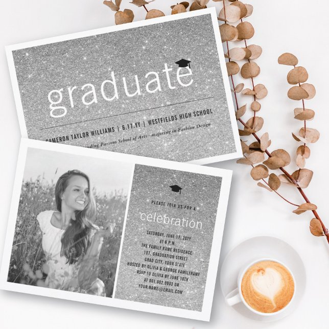 Silver Glitter Graduate Simple Graduation Party Invitation (Creator Uploaded)