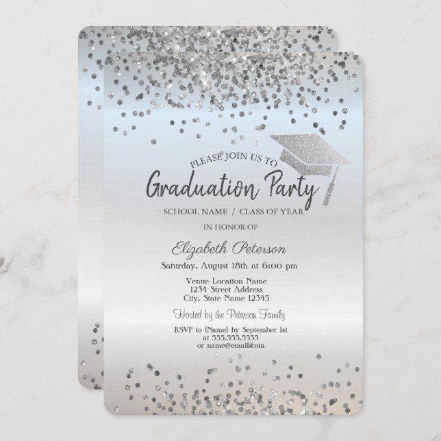 Silver Glitter Graduation Cap Confetti Graduation Invitation (Front/Back)