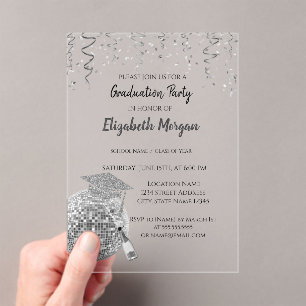 Silver Glitter Graduation Cap,Disco Ball Confetti Acrylic Invitations