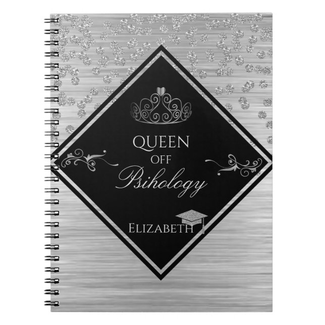 Silver Glitter Graduation Cap,Tiara,Diamonds Notebook (Front)