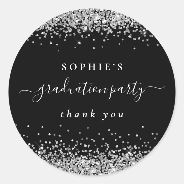 Silver Glitter Graduation Party Black Thank You Classic Round Sticker (Front)