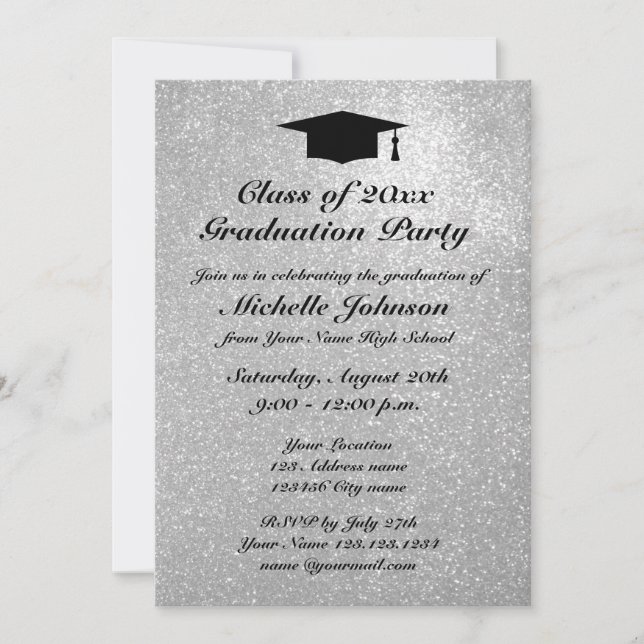 Silver glitter graduation party invitations (Front)