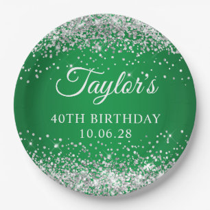 Silver Glitter Green 40th Birthday Paper Plate