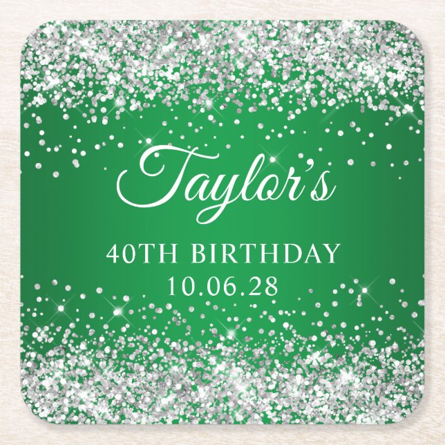 Silver Glitter Green 40th Birthday Square Paper Coaster (Front)