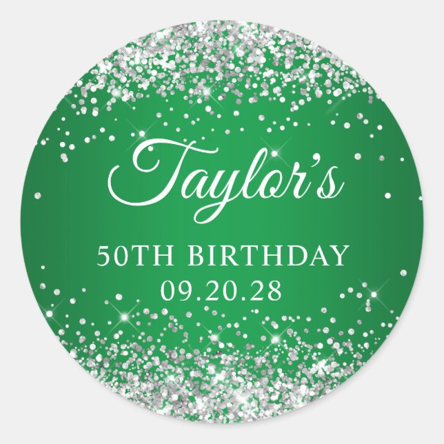 Silver Glitter Green 50th Birthday Classic Round Sticker (Front)