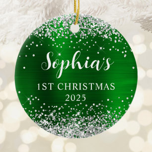 Silver Glitter Green Faux Foil 1st Christmas Photo Ceramic Ornament