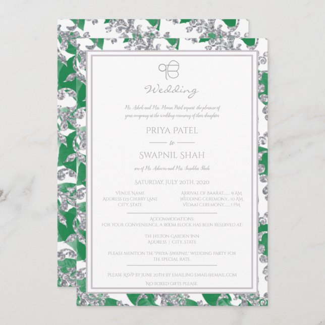 Silver Glitter Green Floral Punjabi Sikh Ek Onkar Invitation (Front/Back)