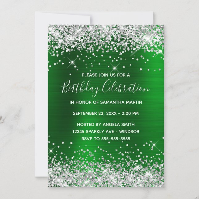 Silver Glitter Green Foil Birthday Celebration Invitation (Front)