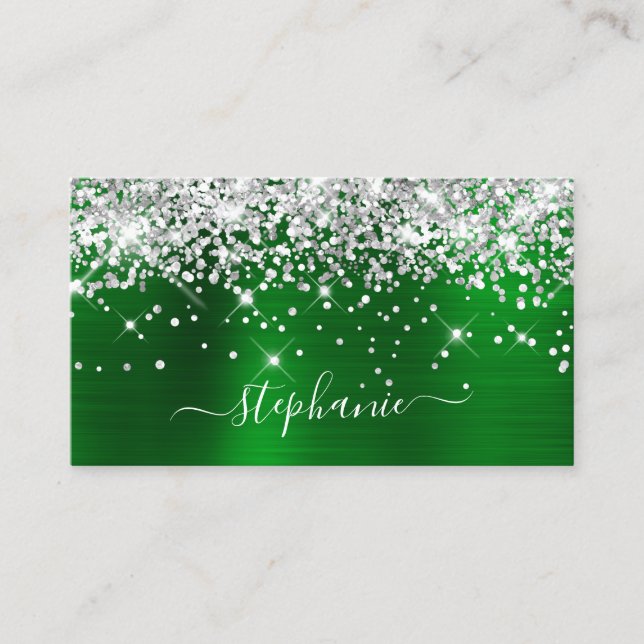 Silver Glitter Green Foil Girly Signature Business Card (Front)