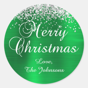 Silver Glitter Green Foil Merry Christmas Classic Round Sticker