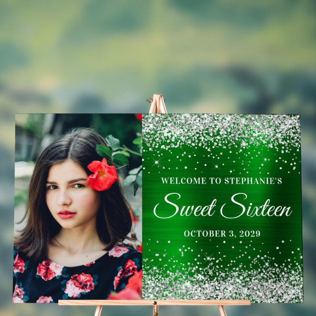 Silver Glitter Green Foil Sweet Sixteen Big Acrylic Sign (Neutral)