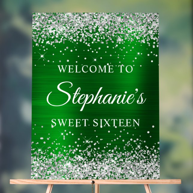 Silver Glitter Green Foil Sweet Sixteen Welcome Acrylic Sign (Neutral)