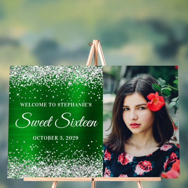 Silver Glitter Green Foil Sweet Sixteen Welcome Acrylic Sign (Neutral)