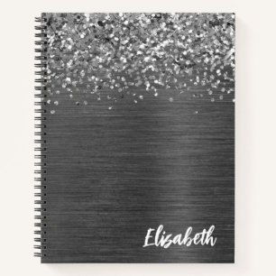Silver Glitter Grey Brushed Metal Monogram Notebook