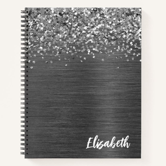 Silver Glitter Grey Brushed Metal Monogram Notebook (Front)