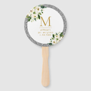 Silver Glitter Grey Floral Monogram Hand Fan
