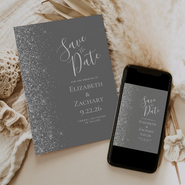 Silver Glitter Grey Save the Date Announcement (Creator Uploaded)