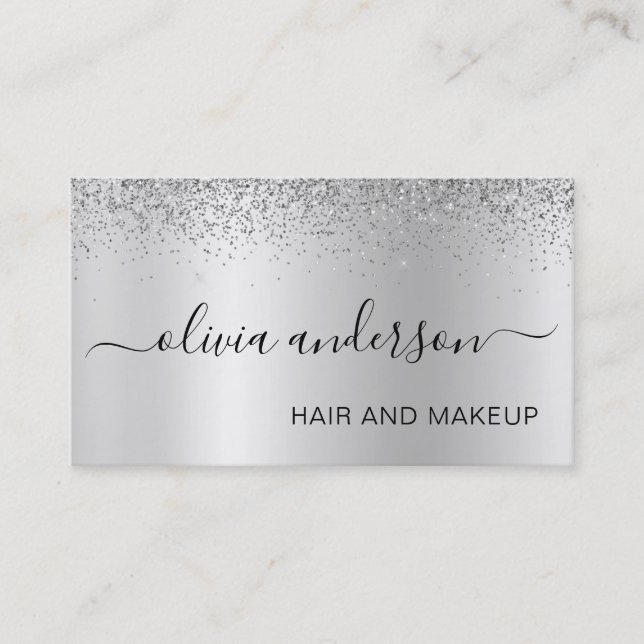Silver Glitter Hair Makeup Salon Metallic Business Card (Front)