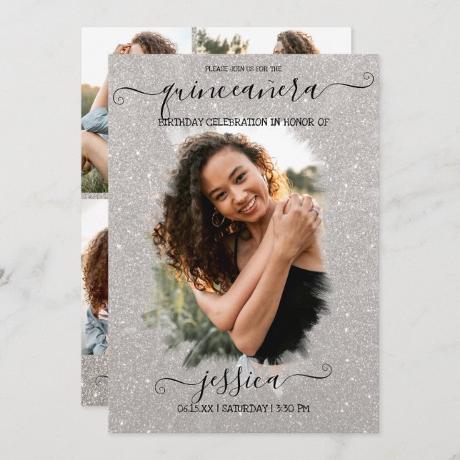 Silver Glitter Halo Photo Collage Quinceañera Invitation (Front/Back)