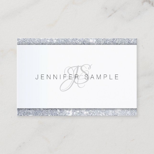 Silver Glitter Handwritten Monogram Template Business Card (Front)