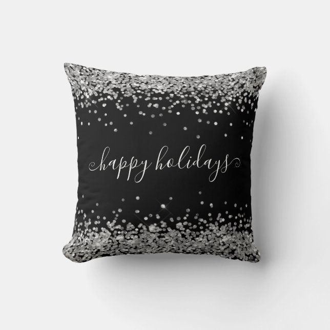 Silver Glitter Happy Holidays Sparkle Shine Black Cushion (Front)