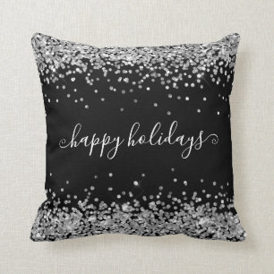Silver Glitter Happy Holidays Sparkle Shine Black Cushion