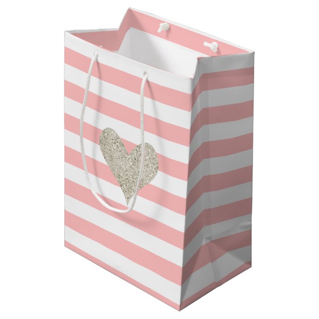 Silver Glitter Heart Medium Gift Bag (Front Angled)