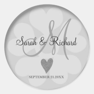 Silver Glitter Heart Wedding Bride Groom Monogram Classic Round Sticker