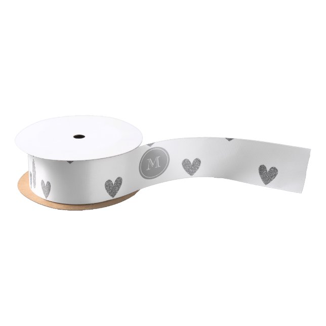 Silver Glitter Hearts with Monogram Satin Ribbon (Spool)