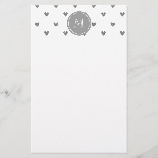 Silver Glitter Hearts with Monogram Stationery (Front)