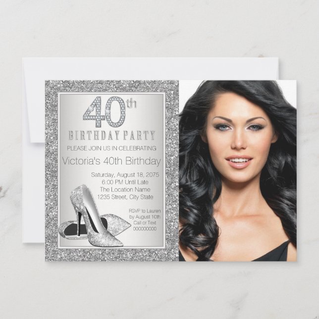 Silver Glitter High Heel Shoe 40th Birthday Invitation (Front)