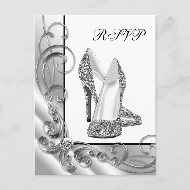 Silver Glitter High Heel Shoe RSVP Invitation Postcard (Front)