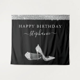 Silver Glitter High Heels Birthday Backdrop Tapestry
