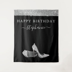 Silver Glitter High Heels Birthday Backdrop Tapestry