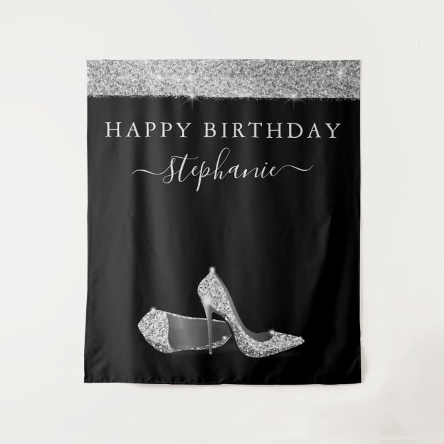 Silver Glitter High Heels Birthday Backdrop Tapestry (Front)