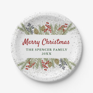 Silver Glitter Holly Berries Christmas Party Paper Plate