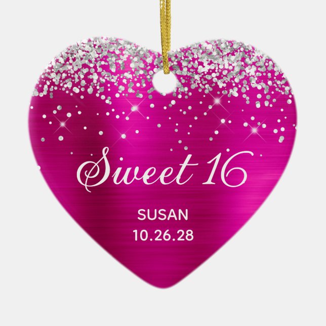 Silver Glitter Hot Foil Foil Sweet 16 Photo Ceramic Ornament (Front)