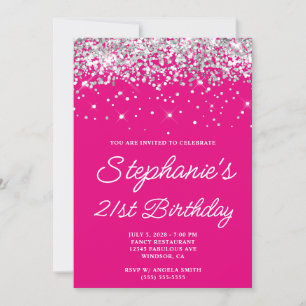 Silver Glitter Hot Pink 21st Birthday Invitation