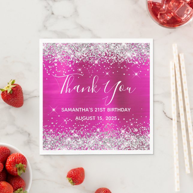 Silver Glitter Hot Pink 21st Birthday Thank You Napkin (Insitu)