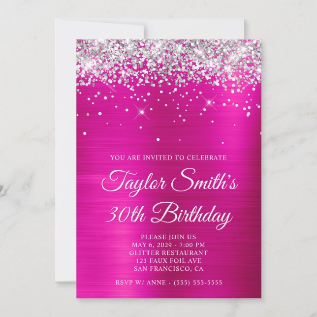 Silver Glitter Hot Pink 30th Birthday Invitation (Front)